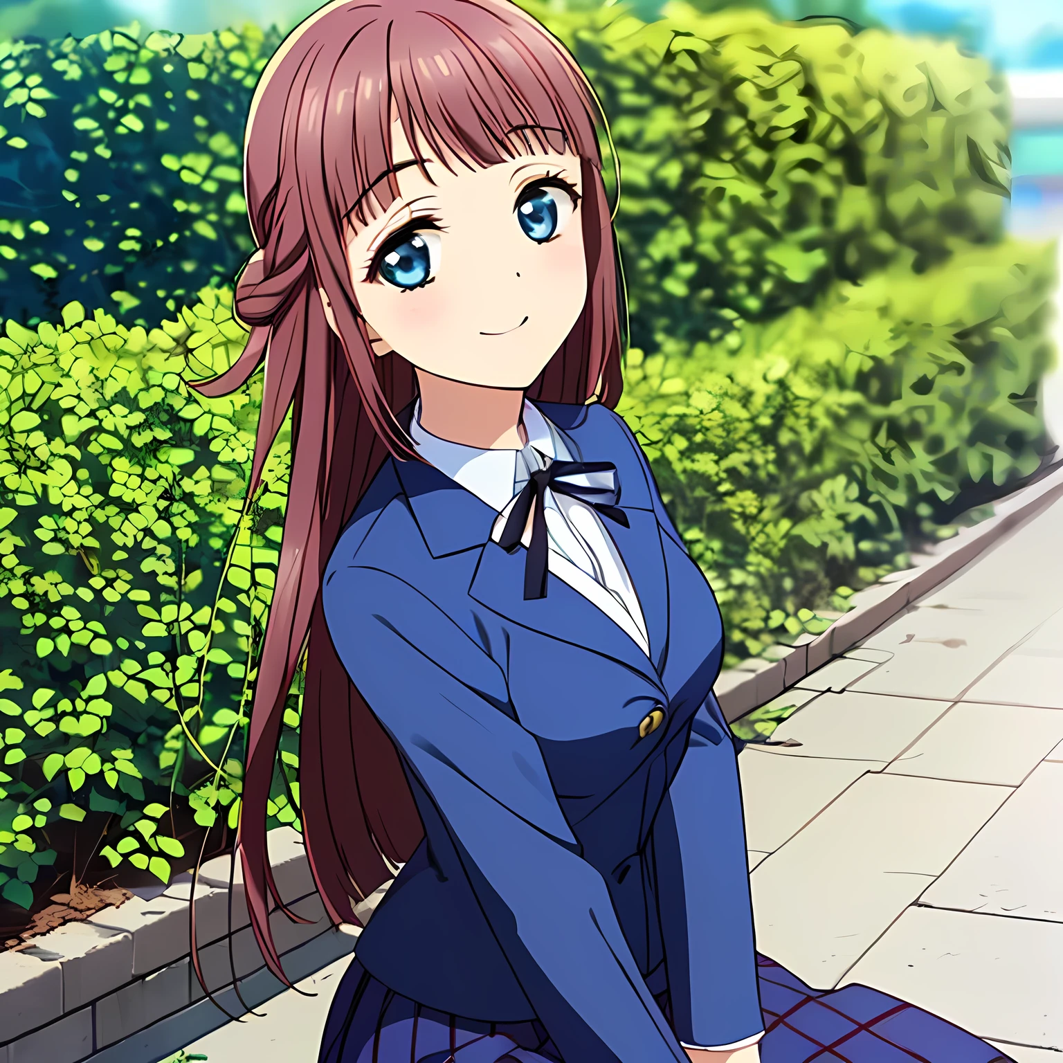 highest quality, (masterpiece:1.2), Very detailed, (((Game CG))), ((((Like the aristocratic lady depicted by Renoir１Side portrait of a beautiful girl sitting)))), ((The girl everyone loves)), ((((Very beautiful, wavy, long flaxen hair)))), ((((Navy blue blazer)))), (((Dark navy blue checked skirt))), ((((Very beautiful and shining eyes)))), ((Very long eyelashes)), A big white ribbon on the chest, ((An elegant expression like a noble princess)), (((Beautiful and great smile))), Small face and great posture, ((Give the viewer a heavenly feeling of happiness)), (((Blur the background))), ((A very compassionate face)), ((Slender and shapely breasts)), (((Looking into the distance))), Background is a hedge,