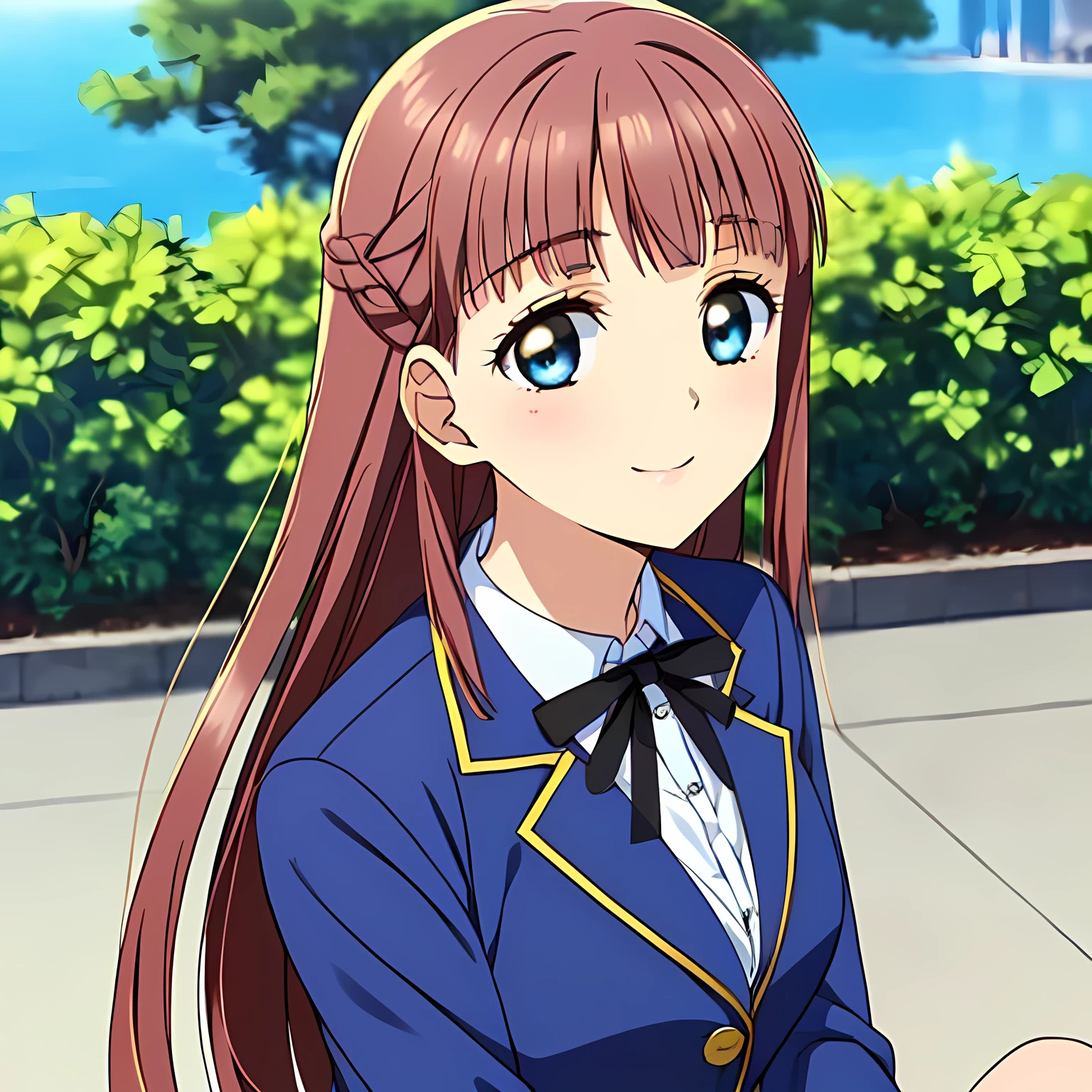 highest quality, (masterpiece:1.2), Very detailed, (((Game CG))), ((((Like the aristocratic lady depicted by Renoir1Side portrait of a beautiful girl sitting)))), ((The girl everyone loves)), ((((Very beautiful, wavy, long flaxen hair)))), ((((Navy blue blazer)))), (((Dark navy blue checked skirt))), ((((Very beautiful and shining eyes)))), ((Very long eyelashes)), A big white ribbon on the chest, ((An elegant expression like a noble princess)), (((Beautiful and great smile))), Small face and great posture, ((Give the viewer a heavenly feeling of happiness)), (((Blur the background))), ((A very compassionate face)), ((Slender and shapely breasts)), (((Looking into the distance))), Background is a hedge,