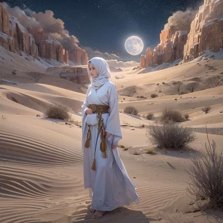 (highest quality、masterpiece、8k、Best image quality、Ultra-high resolution、Award-winning works)、A beautiful white-haired woman watches over us from afar in the desert., Where the moonlight shines.、Ancient Islamic clothing、Beautiful face drawn in every detail