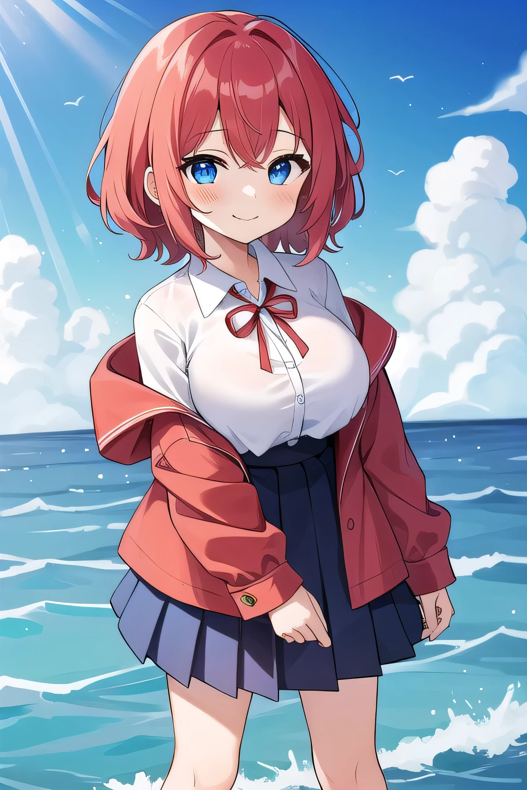 Big breasts, red hair, blue eyes, droopy eyes, red jacket, long sleeves, navy skirt, , super big breasts, medium hair, baggy clothes, elementary school studentt, 10 years old, shy , shy, , white shirt, soft hair,ir, beautiful sea, knee-deep in the sea, gentle smile,,