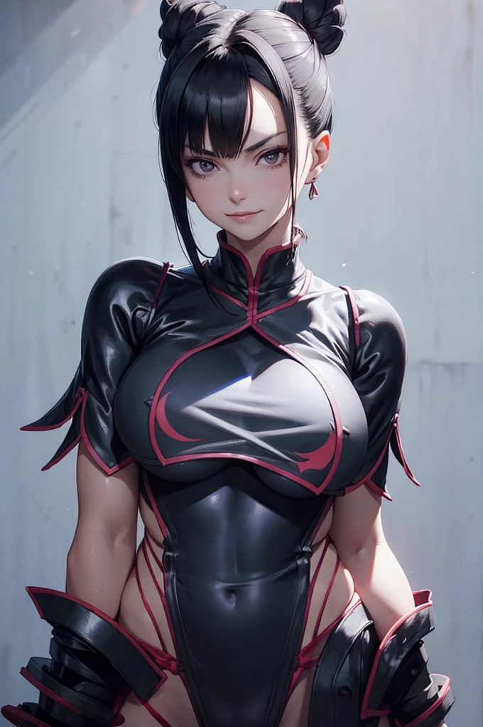 evil smile solo, masterpiece, best quality, agrias, grey sweater, black leotard, standing, looking at viewer, short hair,oculos,evil smile, evil look, juri han,luvas preta,roupa azul,yandere rosto,low lighting,coxa sarada copo detalhado,olhando para frente
