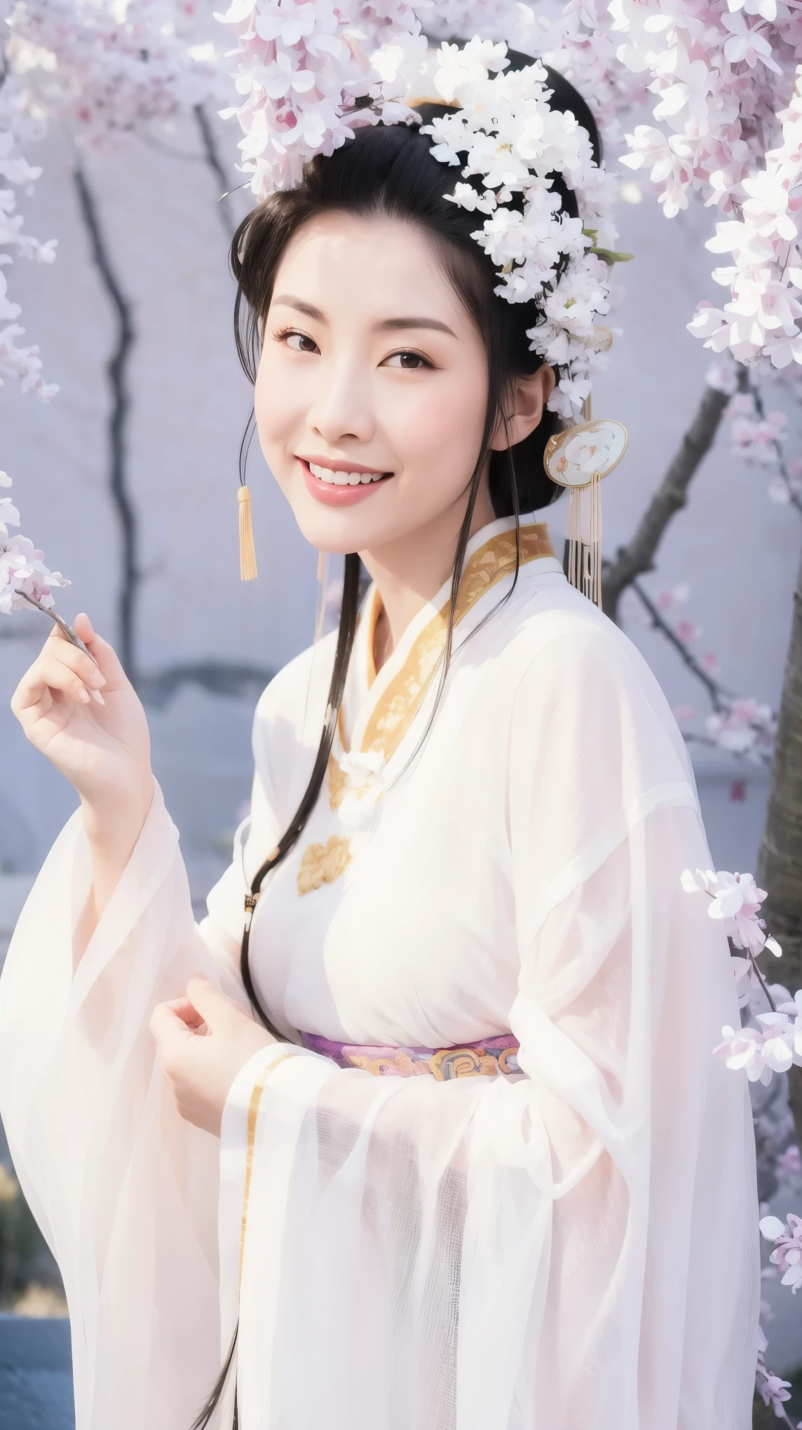 Fashion model 25 years old [[[[close up]]]], [[[[neck]]]], [[[[Shoulder]]]], Perfect eyes, Perfect iris，Perfect lips，Perfect Teeth，Perfect skin，White skin，Soft headlight，High-density imaging review，（Face is clear and delicate），((Lilac Chinese costume))，((Smile))，((Background is Chinese interior))，best quality，masterpiece，（Soft colors：1.2