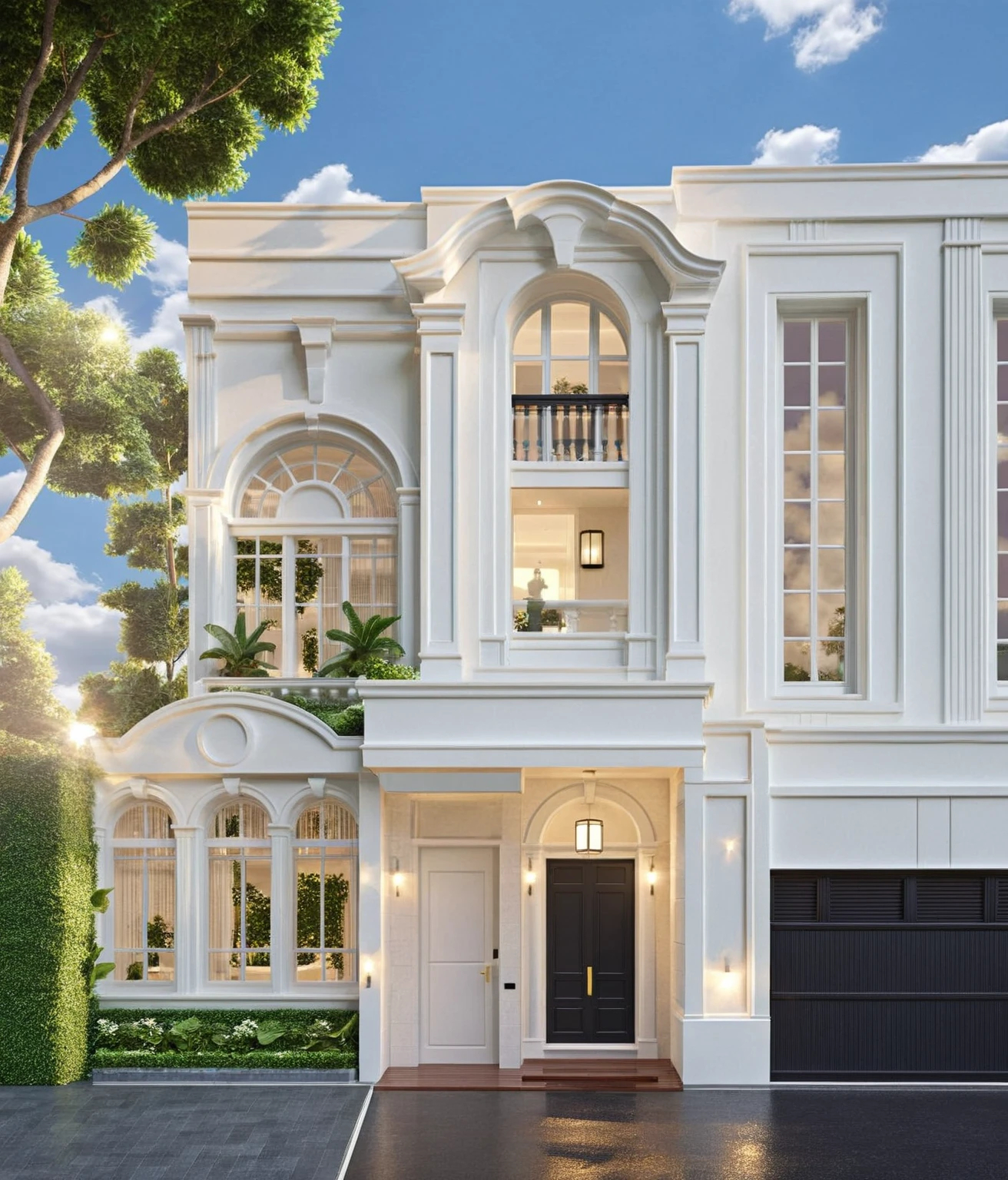 Architectural style Architectural style,  ((Classic Style House)),(masterpiece) , ((best quality)), dramatic lighting, high quality outdoors, sky, day, cloud, tree, blue sky, building, scenery, road, real world location,  sunlight, enough detail, high resolution,super realistic, Photorealistic, highly detailed, balcony, plants, door, car, truck, parking slot, paving, . Clean lines, architectural drawing, highly detailed  , . Clean lines, geometric shapes, minimalist, modern, architectural drawing, highly detailed