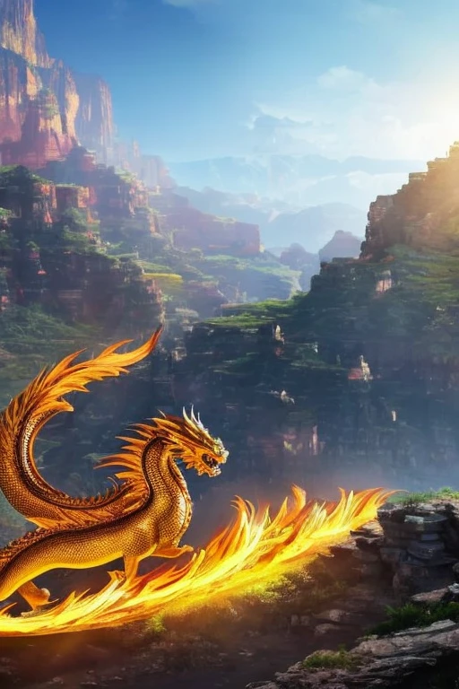 So sublime and divine々A beautiful golden dragon coiled up in the center of the screen, glaring at the camera.。金色のThe dragon is幸せをもたらす神なのでとても有難い存在である。The surrounding area is a canyon where no one can get close, and lightning is flashing in the background.、The sun is shining brightly。The dragon is、I want a realistic image。