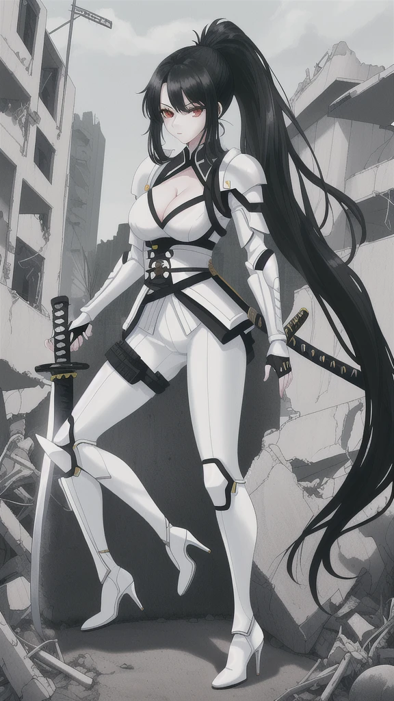 Female with long black hair, ponytail, chest, cleavage, white tights, white sci-fi armor, high-heeled shoes, katana sword, apocalyptic ruined city
