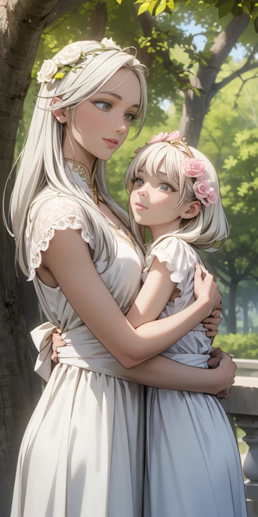 best quality,4k,8k,highres,masterpiece:1.2,ultra-detailed,realistic:1.37,portrait,beautiful mother and daughter in an Italian garden,medium:oils,classic Italian style,soft and warm colors,gentle lighting,delicate brush strokes,artistic masterpiece,pastel-hued flowers,bright blue sky and fluffy white clouds,fine details on their dresses,mother wearing an elegant white gown,daughter in a white dress with delicate lace,sparkling tiaras on their heads,smiling and joyful expressions,daughter holding a bouquet of white roses,embrace of love and innocence,subtle sunlight filtering through the trees,whisper of a gentle breeze,tranquil and peaceful atmosphere,mother's loving gaze,daughter's eyes full of excitement and joy,overall scene exudes purity and serenity.