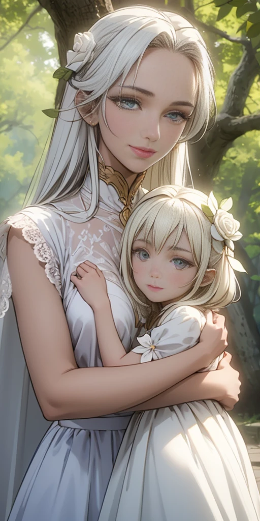 best quality,4k,8k,highres,masterpiece:1.2,ultra-detailed,realistic:1.37,portrait,beautiful mother and daughter in an Italian garden,medium:oils,classic Italian style,soft and warm colors,gentle lighting,delicate brush strokes,artistic masterpiece,pastel-hued flowers,bright blue sky and fluffy white clouds,fine details on their dresses,mother wearing an elegant white gown,daughter in a white dress with delicate lace,sparkling tiaras on their heads,smiling and joyful expressions,daughter holding a bouquet of white roses,embrace of love and innocence,subtle sunlight filtering through the trees,whisper of a gentle breeze,tranquil and peaceful atmosphere,mother's loving gaze,daughter's eyes full of excitement and joy,overall scene exudes purity and serenity.