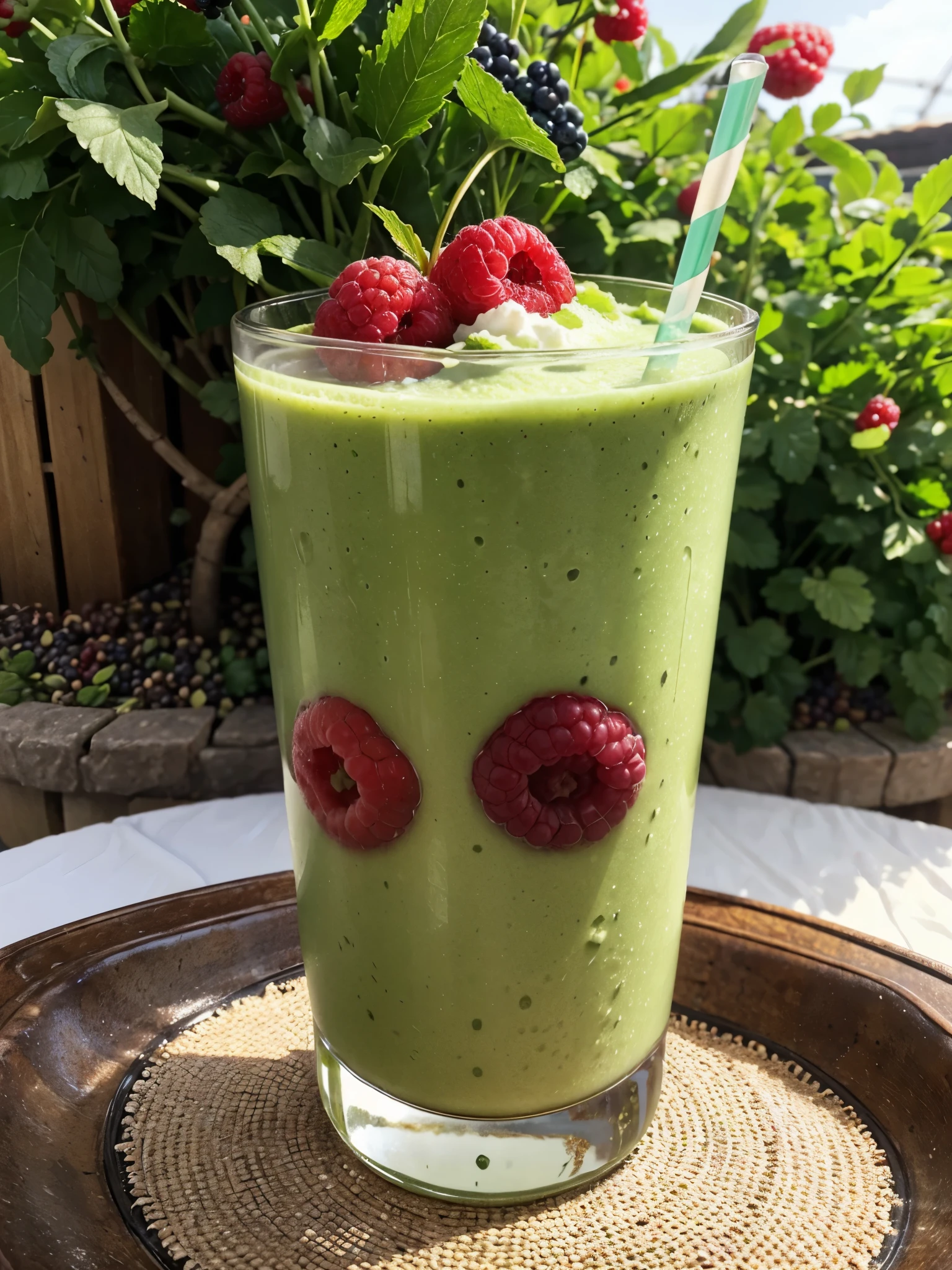 An artistic representation of a green power smoothie, showing a glass filled with a blend of
1 cup mixed berries (blueberries, raspberries, strawberries)
1/2 cup plain Greek yogurt
1/2 cup unsweetened almond milk
1 tablespoon honey or maple syrup
1 tablespoon flaxseeds
Ice cubes (optional)
The focus should be on the vibrant green colors of the ingredients, with a refreshing and healthy vibe. Realistic style, high resolution, detailed textures, natural bright lighting..
Observe the proportions of the glass and surrounding objects.