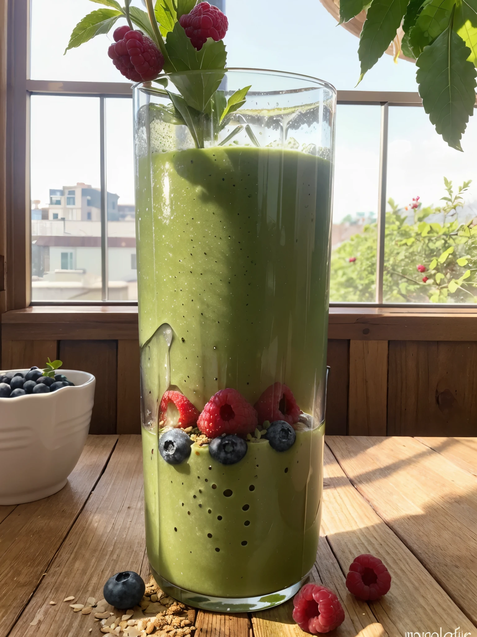 An artistic representation of a green power smoothie, showing a glass filled with a blend of 

    1 cup mixed berries (blueberries, raspberries, strawberries)
    1/2 cup plain Greek yogurt
    1/2 cup unsweetened almond milk
    1 tablespoon honey or maple syrup
    1 tablespoon flaxseeds
    Ice cubes (optional)

The focus should be on the vibrant green colors of the ingredients, with a refreshing and healthy vibe. Realistic style, high resolution, detailed textures, natural bright lighting.. 
Observe the proportions of the glass and surrounding objects.
