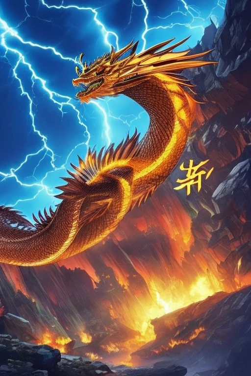So sublime and divine々A beautiful golden dragon coiled up in the center of the screen, glaring at the camera.。金色のThe dragon is幸せをもたらす神なのでとても有難い存在である。The surrounding area is a canyon where no one can get close, and lightning is flashing in the background.、The sun is shining brightly。The dragon is、I want a realistic image。