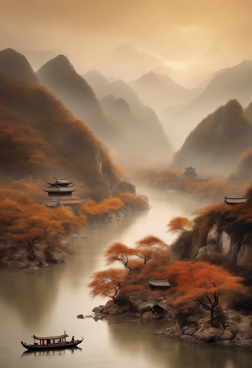Yangtze River Delta scenery,traditional Chinese painting、Ink、Brown tone、landscape、antiquity