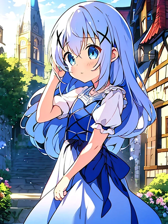 {{{masterpiece}}}, {{{best quality}}}, {{ultra-detailed}}, {illustration}, {{an extremely delicate and beautiful}},kafuu chino, chino, koisangochiusa, gochiusa, Teen-age, detailed character, masterpiece, best quality, ultra-detailed, extremely detailed, 8K, best quality, anime style, beautiful light blue hair, beautiful blue eyes, beautiful eyes, Long Hair, x hair x o,kawaiitech, pastel colors, kawaii, (flat chested), (tiny body), (small stature), cute colors, a cute girl, 1girl, sol,The sight of a girl standing in the middle of a medieval European town is a scene of timeless quiet beauty. She wears a simple linen dress and small leather sandals. Her long, soft waves of hair flutter in the breeze, and she wears a woven flower crown adorned with vividly blooming flowers.She stands in a cobblestone square, surrounded by timber-framed houses and stone buildings. The windows of the houses are adorned with colorful flower boxes, and their fragrances waft through the air. In the center of the square, an old stone fountain flows quietly.