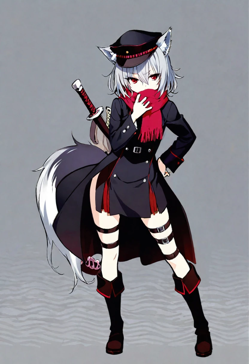 One Girl,whole body,Are standing,high school student,Concept Art,Grey Hair,blackセーラー服の上にロングコート,Wearing a coat,Black muffler,Hiding your mouth with a scarf,Red eyes,Wolf Ears,Wolf Tail,cool,dark,Beauty,Stylish black sailor suit,Rin々Funny face,18-year-old,Stylish,Height: 170cm,Bangs that extend between the eyes,Shortcuts,Long sleeves,first round,Leg Garter Ring,Belted stockings,Toned body,Medium chest,Carnal breasts,coolな目付き,Japanese style,Lateral bangs,half cut,black,Slanted Eyes,cool,peaked cap,One ear is covered by a hat,He carries a Japanese sword on his waist.,Western-style long coat,Bone ornament,Wolf Cut,Wolf Hair,Half length hair,Hairstyle like a wolf,Short Hair,