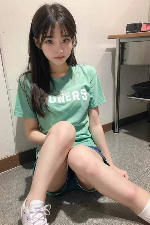 A cute  high school girl sitting on the floor３A person is wearing short pants and is wet