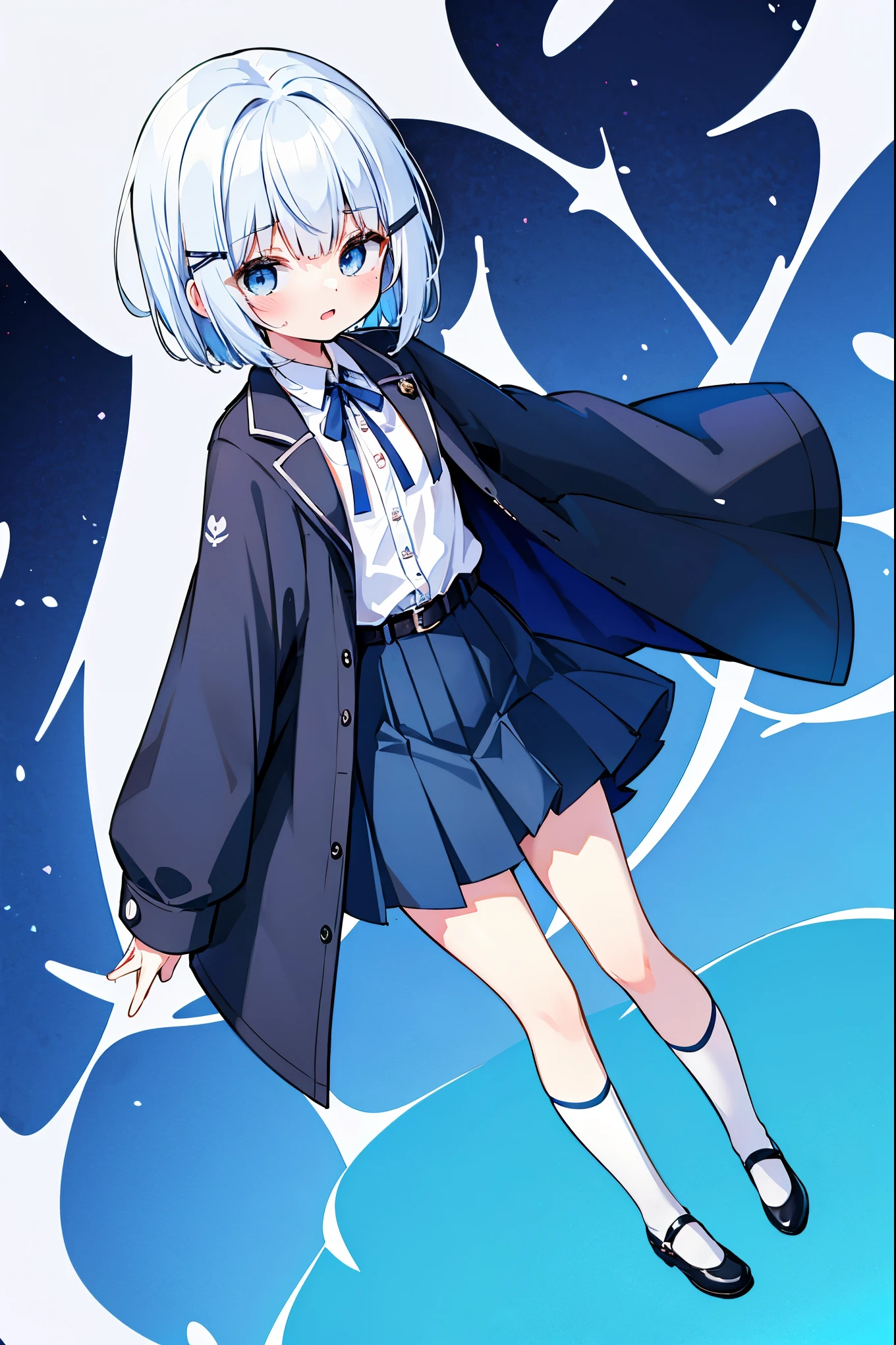 "anime girl, 1 person, silver white hair, dark blue eyes, short hair, small light blue hair clip on left bang,((women's shirt)), women's jacket, dark blue skirt, belt hong, white stockings, shoe leather, medium bust, sneering face, full body, solo, viewed from many different angles," (full HD 4K+ image)"