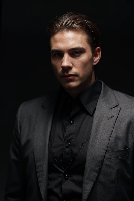 Sigma giga chad Man in a black suit looks like a life motivator with dark background