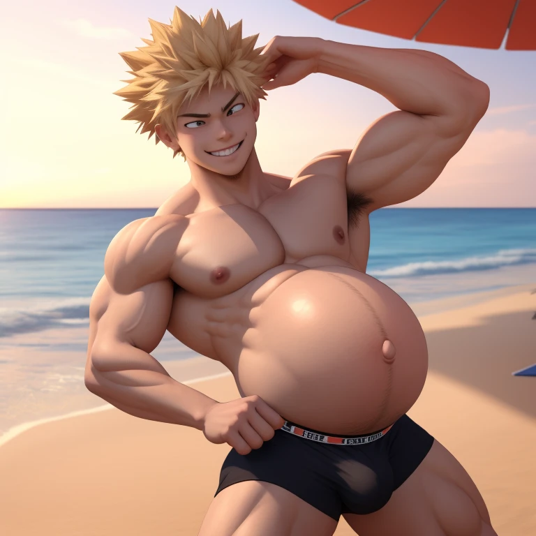 2boysmasterpiece, 3d, teen Bakugo Katsuki, adult Bakugo Katsuki, muscled, chilling at the beach, no shirt, big pregnant, belly, hands on back of head, only wearing a black underwear with a orange line on the top and bomb symbols on the underwear, light smile, nipples
