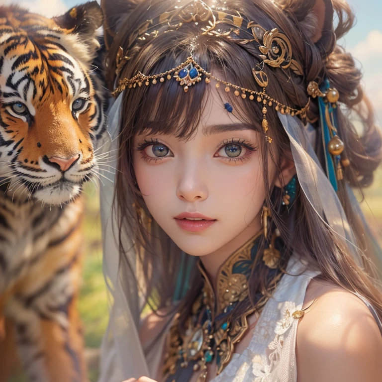 Hiding in the desert、Hair flow、 ((highest quality、masterpiece、8k、Best image quality、Ultra-high resolution、Award-winning works)、(Accurate anatomy:1.1)、(Look at me and smile:1.1)、Shining fair skin with Ultra-high resolution、The most detailed face、Ultra-high resolution detailed face、Ultra-high resolutionの髪の毛、(Ultra-high resolutionの煌めく瞳:1.1)、Beautiful face drawn in every detail、(Blurred Background:1.1)、Ancient Islamic clothing, Full body tiger tattoo, Old ruins in the background、Next to the tiger