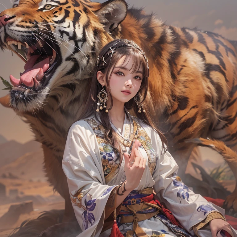 Hiding in the desert、Hair flow、 ((highest quality、masterpiece、8k、Best image quality、Ultra-high resolution、Award-winning works)、(Accurate anatomy:1.1)、(Look at me and smile:1.1)、Shining fair skin with Ultra-high resolution、The most detailed face、Ultra-high resolution detailed face、Ultra-high resolutionの髪の毛、(Ultra-high resolutionの煌めく瞳:1.1)、Beautiful face drawn in every detail、(Blurred Background:1.1)、Ancient Islamic clothing, Full body tiger tattoo, Old ruins in the background、Next to the tiger