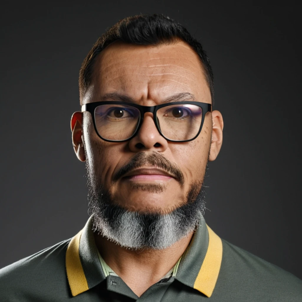 Close-up upper body RAW photo of a man wearing glasses, (long beard:1.2), brown eyes, short hair cut military style, yellow polo shirt, (gray gradient background: 1.4), studio chiaroscuro lighting, professional portrait, Sony Alpha Mirrorless Camera, (high detailed skin, full sharp:1.2).,gutto2024abr