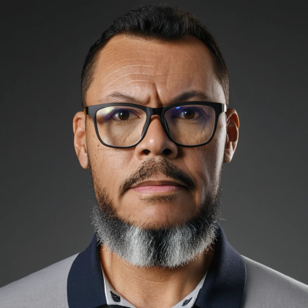 Close-up upper body RAW photo of a man wearing glasses, (long beard:1.2), brown eyes, short hair cut military style, yellow polo shirt, (gray gradient background: 1.4), studio chiaroscuro lighting, professional portrait, Sony Alpha Mirrorless Camera, (high detailed skin, full sharp:1.2).,gutto2024abr