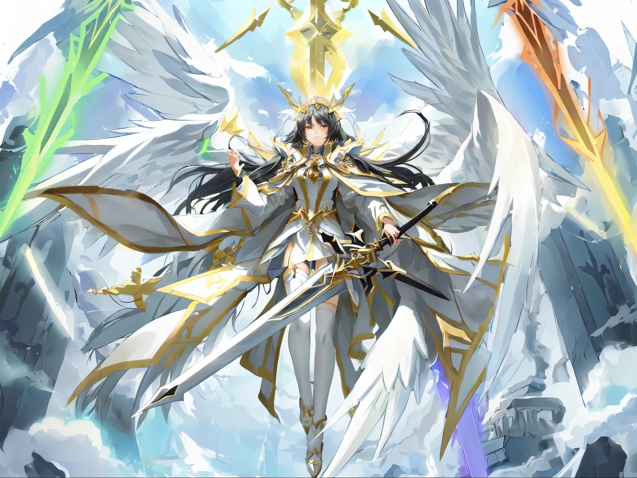 Anime character with wings and sword in the cloudy sky, She has four swords.,Black long hair,Anime Goddess,White stockings,Wearing a crown,Detailed key animation art, frown,Serious,Black eyes,Anime Goddess, Ethereal Anime, Overlord's albedo, The majestic angel, HD anime art, high detailed Official Artwork, Beautiful fantasy anime, Anime Key Visual Concept Art, Official Art