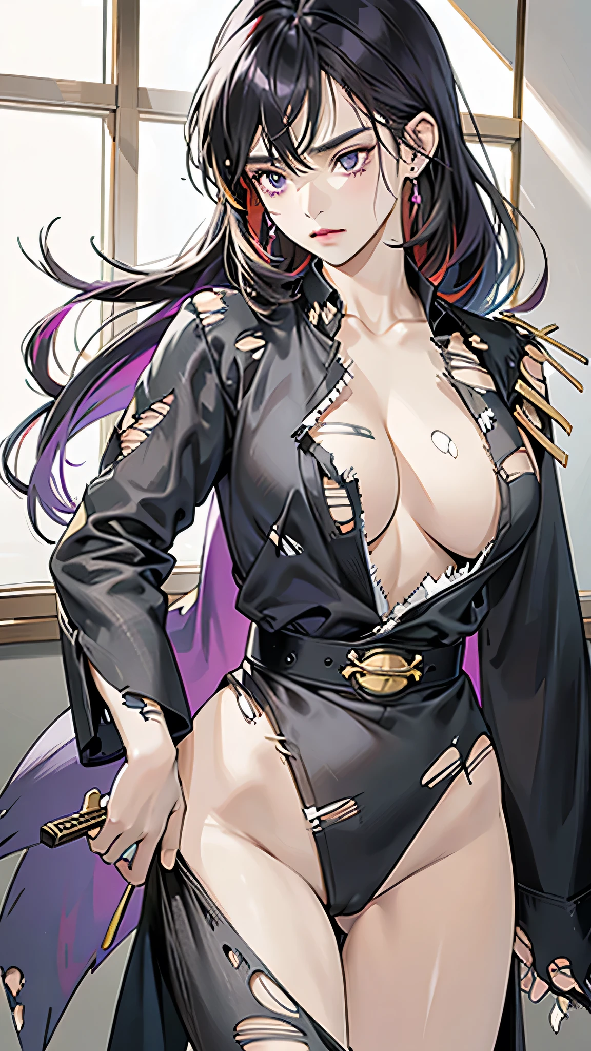 Realistic, High resolution, Soft Light,1 Female, alone, Hip Up, (Detailed face), we \(one piece\), tattoo, jewelry,kochou shinobu,Multicolored Hair,No bangs,Hair Intake,Purple eyes,amount,Black Shirt,Black trousers,Haori,butterfly,button,belt, knife, ((torn clothing:1.5)), ((Voluptuous body)), ((Expressions of pain)),
