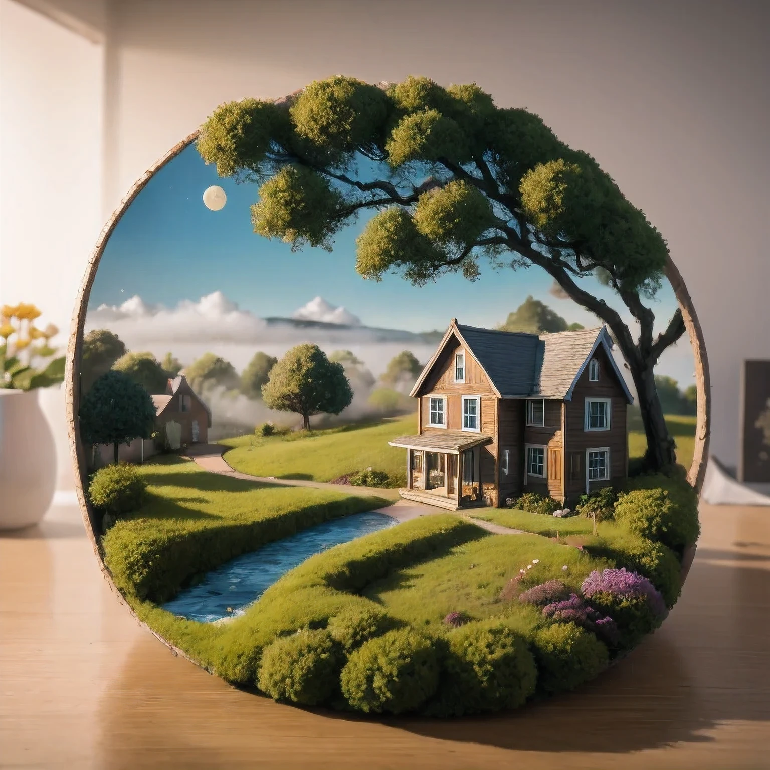 there is a small model of a small house with a roof, Monet Landscape Painting,sunrise,Haystack,The fog rises,Oil painting effect,Impressionism,Clay Monet,Impressionism,Clay Impressionism