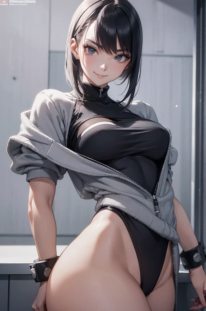 evil smile solo, masterpiece, best quality, agrias, grey sweater, black leotard, standing, looking at viewer, short hair,oculos,evil smile, evil look, juri han,luvas preta,roupa azul,yandere rosto,low lighting,coxa sarada copo detalhado,olhando para frente