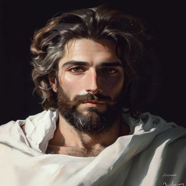 painting of a man with a beard and a white shirt, portrait of jesus christ, jesus christ, jesus, jesus face, jesus of nazareth, religious masterpiece portrait, the face of god, painted in high resolution, centered painted portrait, masterpiece work of art, side centered painted portrait, portrait of god, inspired by Juan O'Gorman, painting of a man