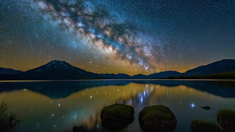 A serene nighttime scene from the angle of a lake. The sky is clear, filled with twinkling stars. The water is calm, reflecting the starlit sky. The surroundings are natural, with trees and perhaps distant mountains silhouetted against the starry backdrop. There are no human figures or artificial lights, emphasizing the tranquility and natural beauty of the scene.