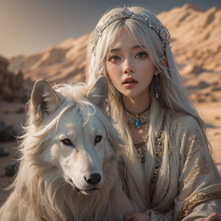 (highest quality、masterpiece、8k、Best image quality、Ultra-high resolution、Award-winning works)、A beautiful white-haired woman watches over us from afar in the desert., Where the moonlight shines.、Ancient Islamic clothing、Beautiful face drawn in every detail, There&#39;There&#39;s a real wolf next to her