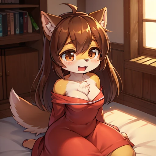 brown pitbull Dog Woman with long brown hair at home looking at her flat chest in a dress piting something in hwr big huge mouth