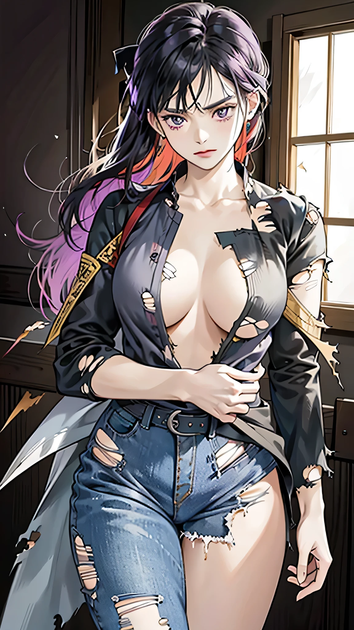 Realistic, High resolution, Soft Light,1 Female, alone, Hip Up, (Detailed face), we \(one piece\), tattoo, jewelry,kochou shinobu,Multicolored Hair,No bangs,Hair Intake,Purple eyes,amount,Black Shirt,Black trousers,Haori,butterfly,button,belt, knife, ((torn clothing:1.5)), ((Voluptuous body)), ((Expressions of pain)),