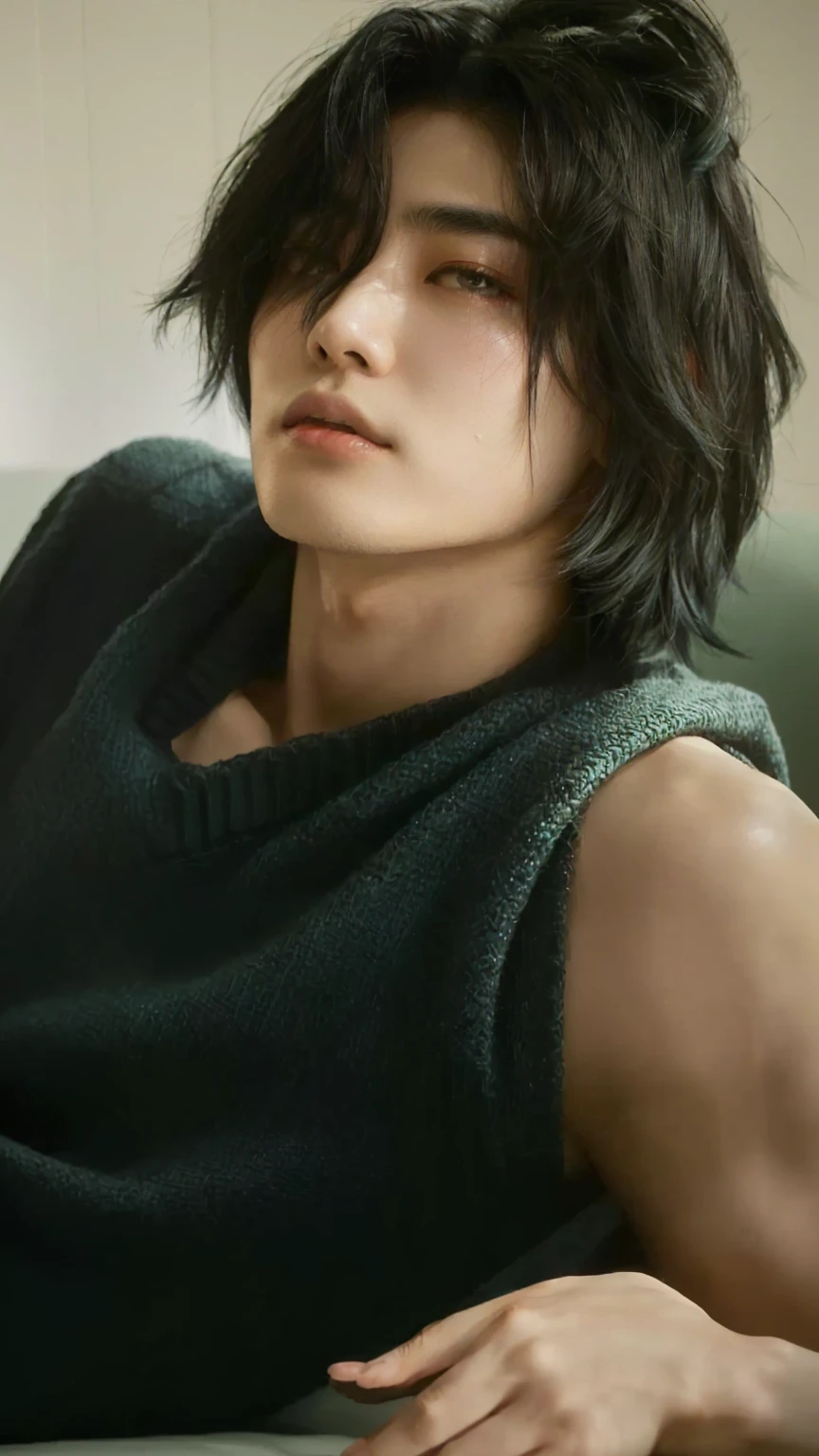 arafed asian man with a black shirt and a green sweater, with short hair, sui ishida with black hair, fubuki, by Tadashi Nakayama, attractive androgynous humanoid, close - up portrait shot, attractive neck, androgynous person, androgynous male, ((tatsuro yamashita)), delicate androgynous prince