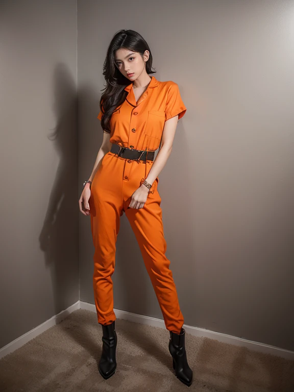 Beautiful Chinese model with long side swept black hair wearing a sexy orange prisoner jumpsuit, wearing a tight black belt, transport belt, handcuffed wrists, hand chained linked to her transport belt, (thin girl: 1.6), jail, inmate, black boots, tight belt, side swept hair, standing still, model pose, inside a prison cell, looks at the viewer, serious look, full body, beautiful young face, sexy, attractive look, sexy jumpsuit, old jumpsuit, thinking about sex, very attractive, hands at waist, tangerine orange jumpsuit, visible buttons, visible head, sexy jumpsuit, tangerine, looking at viewer, 80's orange prison jumpsuit, handcuffed, handcuffed hands linked chained attached to her belt, both hands visible, one girl, tight pants, handcuffs, skinny, legs next to each other, ((one girl)), chains, single girl, 8K, hands at waist, 2K, 4K, worker boots, short sleeves, hands tied together, synthetic jumpsuit, perfect legs, tight pants, chain bracelets on both arms