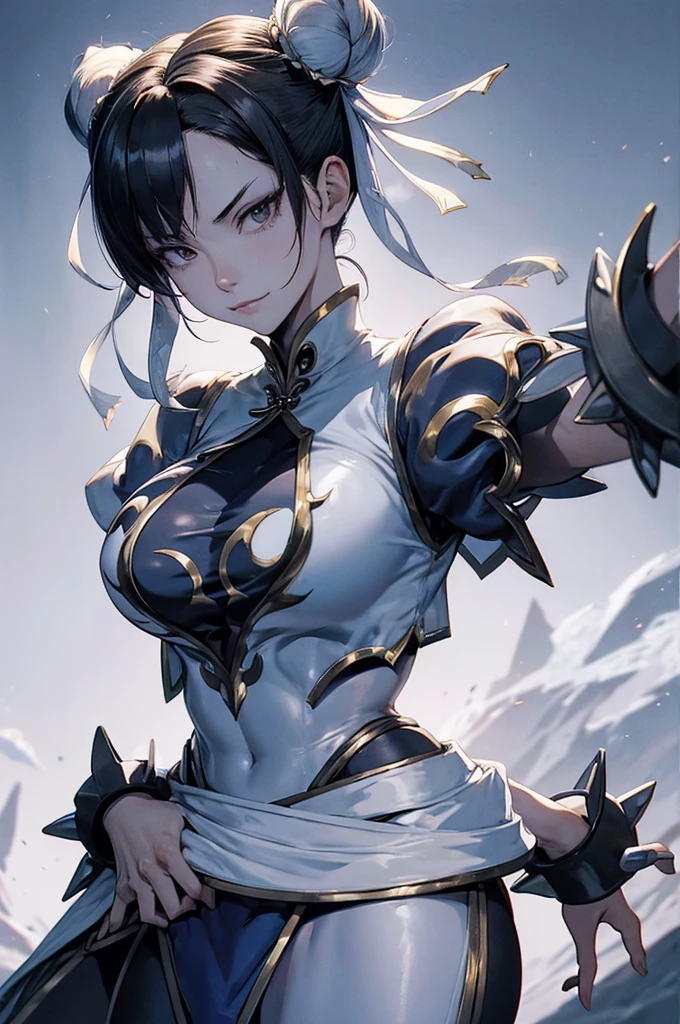 chun li,evil smile solo, masterpiece, best quality, agrias, grey sweater, black leotard, standing, looking at viewer, short hair,oculos,evil smile, evil look, juri han,luvas preta,roupa azul,yandere rosto,low lighting,coxa sarada copo detalhado,olhando para frente