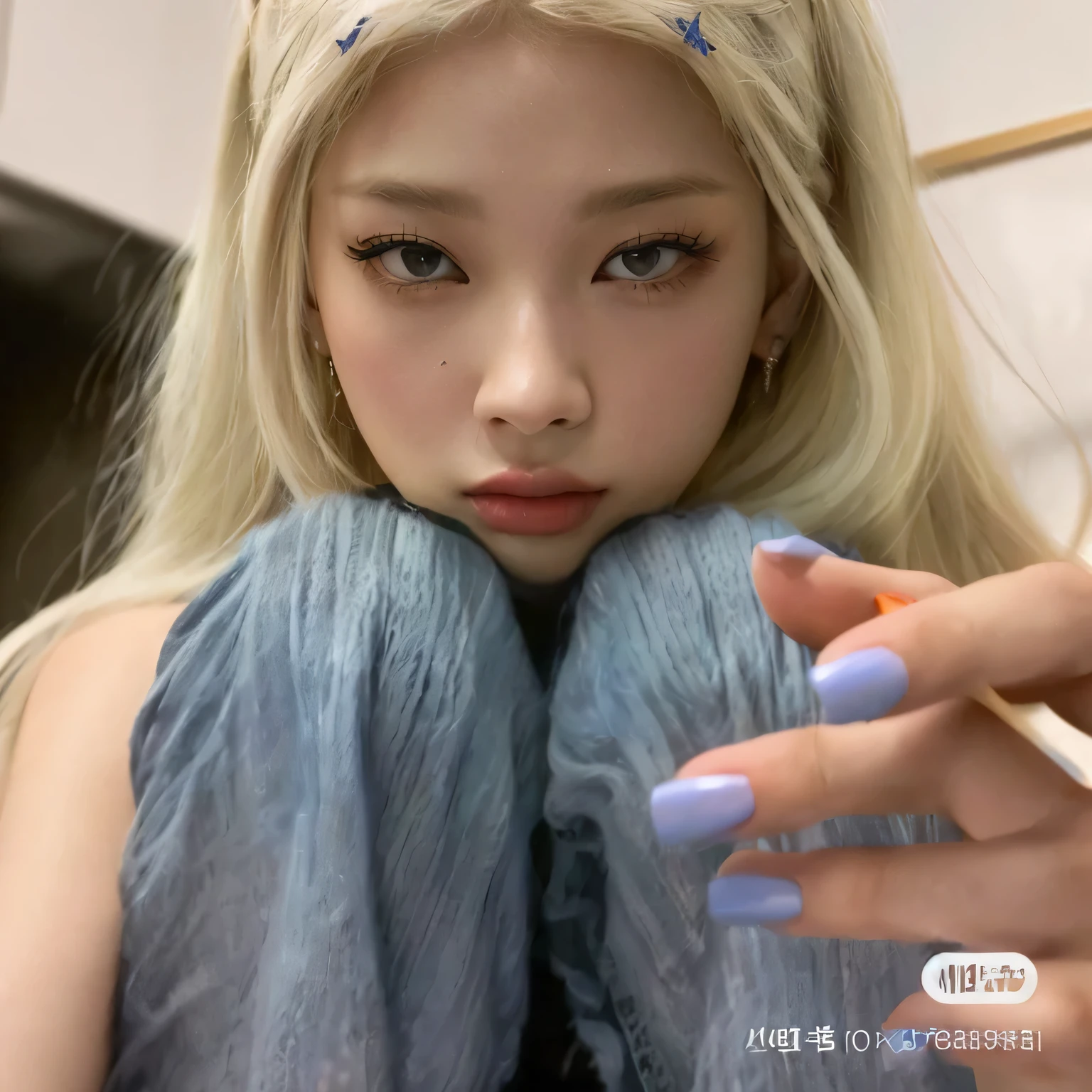 Blonde girl with blue nails and a cigarette in her hand., parque roseanne de blackpink, kim doyoung, portrait of jennie de blackpink, ulzzang, jennie of blackpink, jennie de blackpink, jaeyeon nam, imagen filtrada, sun yunjoo, 8K selfie photograph, [ foto realista ]!!, jennie rosa negro, jinyoung shin, 8K))