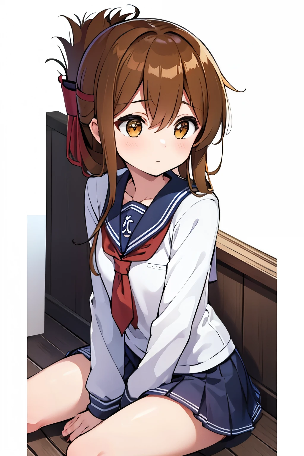 A female student in uniform is feeling unwell and is sitting on the floor of the gymnasium watching a physical education class(masterpiece, best quality:1.2),illustration,8k,hd,1girl,solo,upper body,(portrait:1.2),brown_hair,folded_ponytail,brown_eyes,serafuku,long_hair,school_uniform,skirt,pleated_skirt,