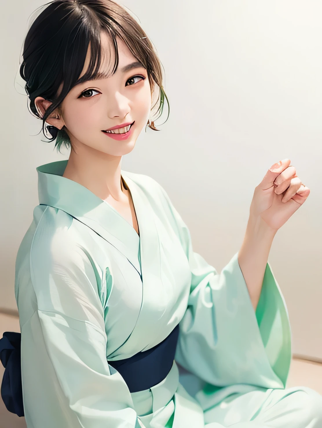 ((vivid, Realistic: 1.5), No background: 1.5, Portrait of a beautiful 18 year old Japanese girl: 1.2, Light Gray Background: 1.1, Breast augmentation: 1.2, cute: 1.0,Follow me please (Smiling and sitting, looking at camera): 1.2,((Summer Yukata、Pale green yukata)):1.1. Short Hair: 1.2, Navy Blue Hair: 1.2, Small face: 1.1, Straight hair: 1.1