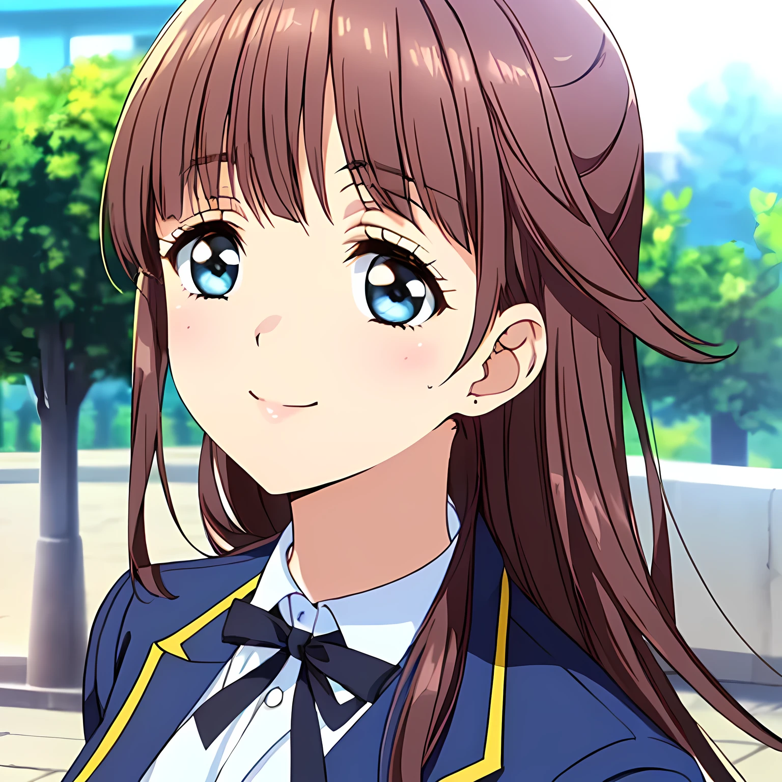 highest quality, (masterpiece:1.2), Very detailed, (((Game CG))), ((((Like the aristocratic lady depicted by Renoir1Side portrait of a beautiful girl sitting)))), ((The girl everyone loves)), ((((Very beautiful, wavy, long flaxen hair)))), ((((Navy blue blazer)))), (((Dark navy blue checked skirt))), ((((Very beautiful and shining eyes)))), ((Very long eyelashes)), A big white ribbon on the chest, ((An elegant expression like a noble princess)), (((Beautiful and great smile))), Small face and great posture, ((Give the viewer a heavenly feeling of happiness)), (((Blur the background))), ((A very compassionate face)), ((Slender and shapely breasts)), (((Looking into the distance))), The background is a wall covered in deep green ivy.