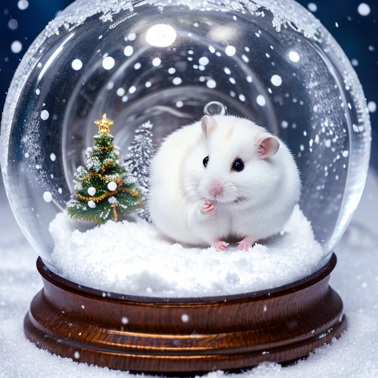 Dwarf Winter White Russian Hamster playing in a snow globe。