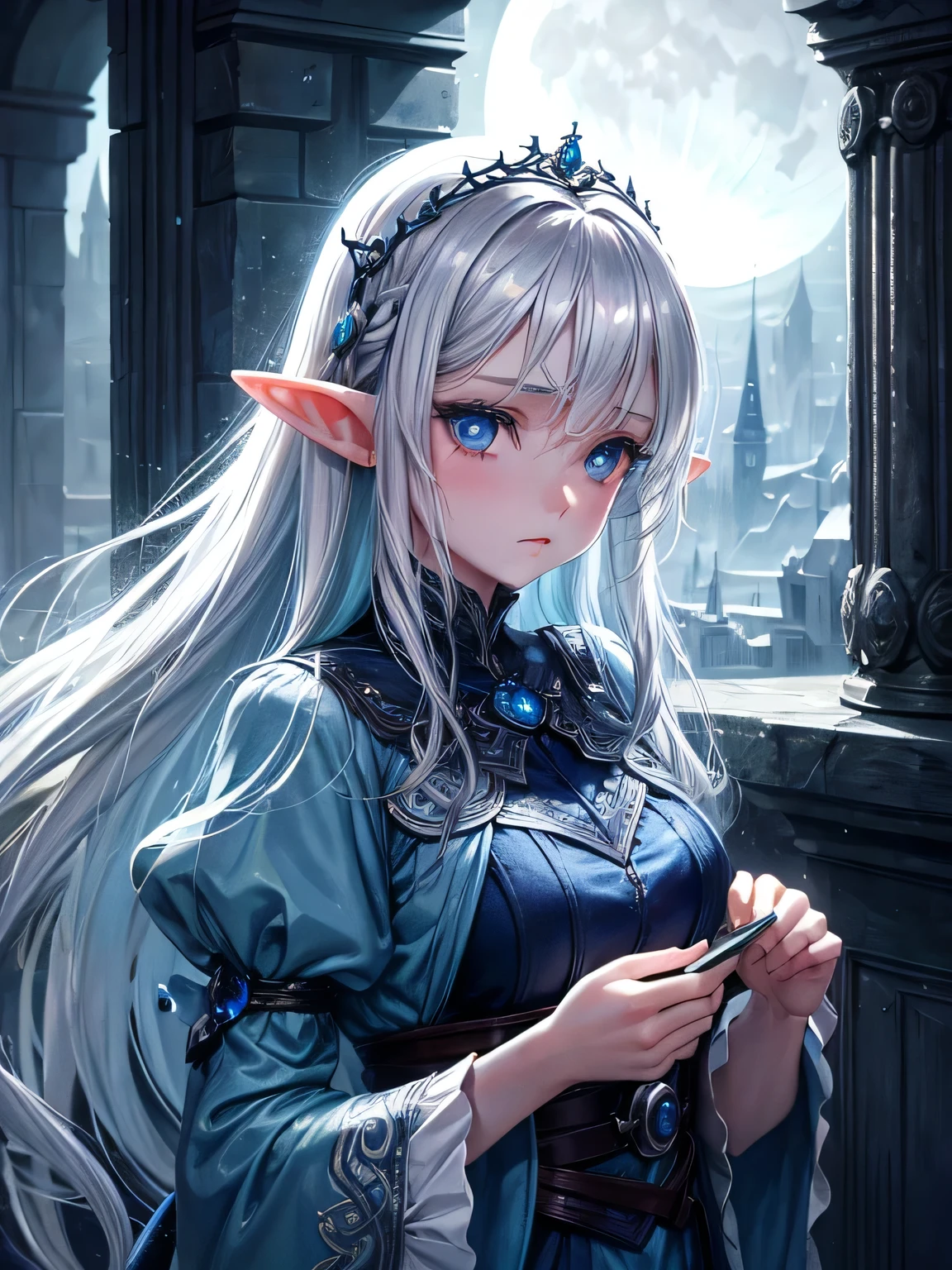 Elf princess, silver hair, blue eyes, sideways moon, heavy raindrops, aloof face, depressed gloomy atmosphere, illustrations, vivid colors, cool tones, soft lighting.