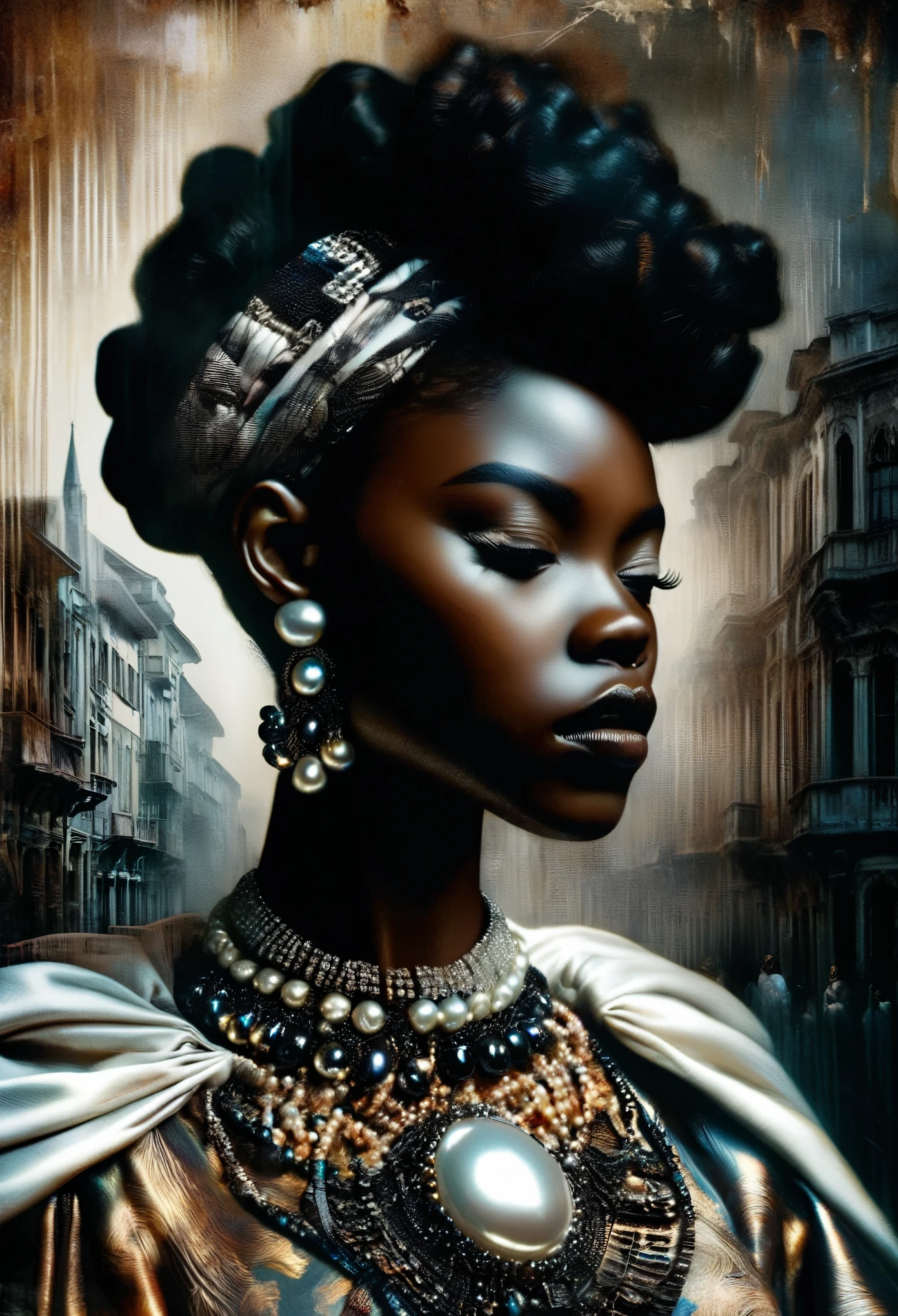 4D double exposure: portrait of the ((Transparent black woman with double exposure futuristic city streets in her head)), In the background of the city in renaissance costume, Oil Painting, 3/4 Profile view, gorgeous African designed pearl necklace, Luxurious fabrics, detailed embroidery, Moody chiaroscuro lighting, hight resolution