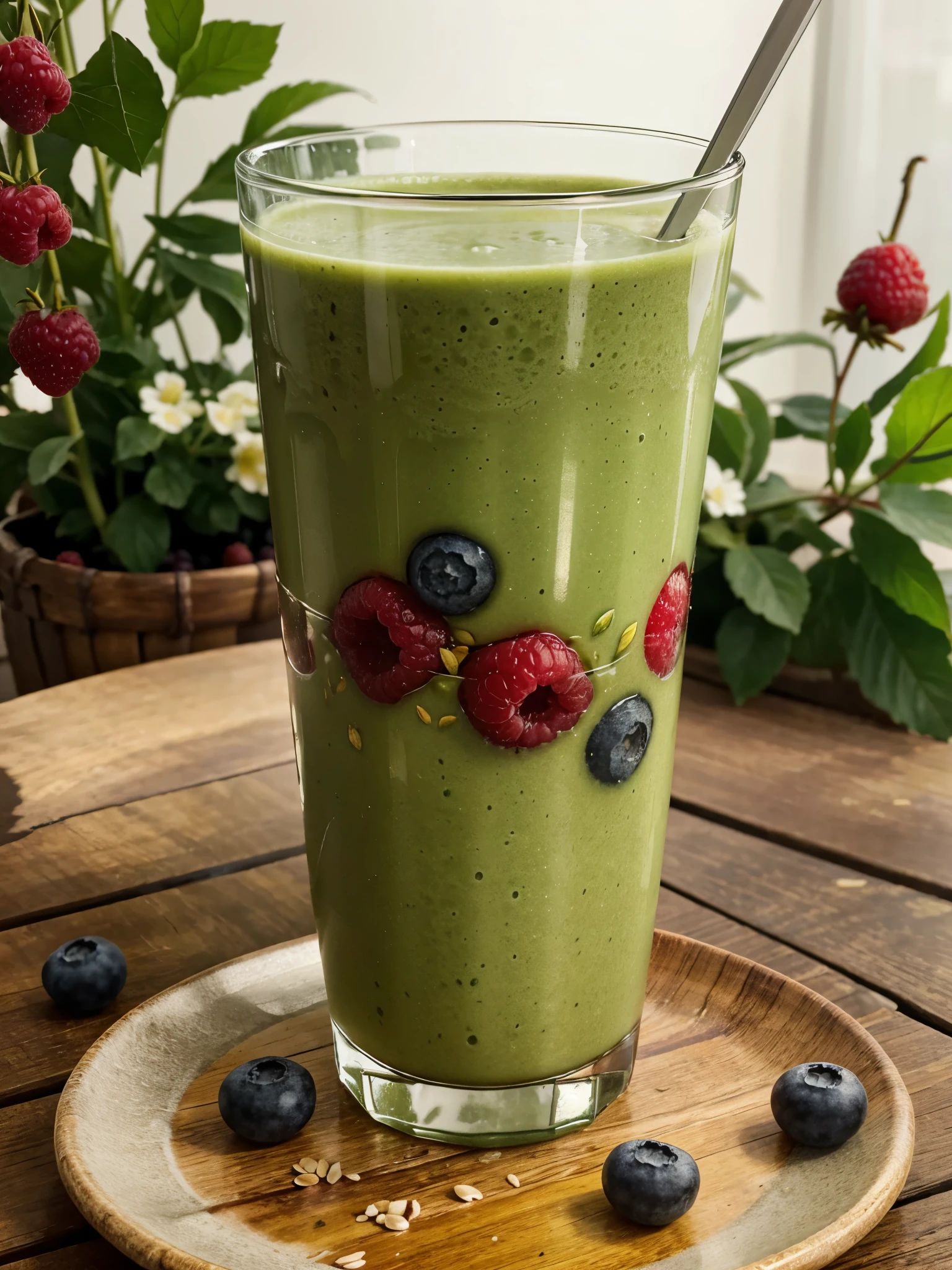 An artistic representation of a green power smoothie, showing a glass filled with a blend of
1 cup mixed berries (blueberries, raspberries, strawberries)
1/2 cup plain Greek yogurt
1/2 cup unsweetened almond milk
1 tablespoon honey or maple syrup
1 tablespoon flaxseeds
Ice cubes (optional)
The focus should be on the vibrant green colors of the ingredients, with a refreshing and healthy vibe. Realistic style, high resolution, detailed textures, natural bright lighting..
Observe the proportions of the glass and surrounding objects.