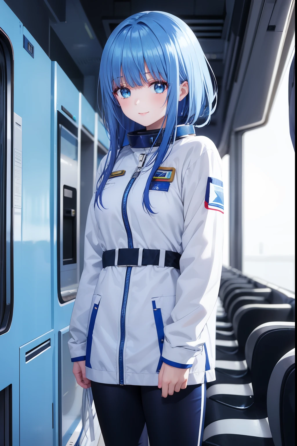 1woman,adult,25 years old,blue hair, medium hair, astronaut uniform, standing, half Body photo, blue eyes, bangs, smile