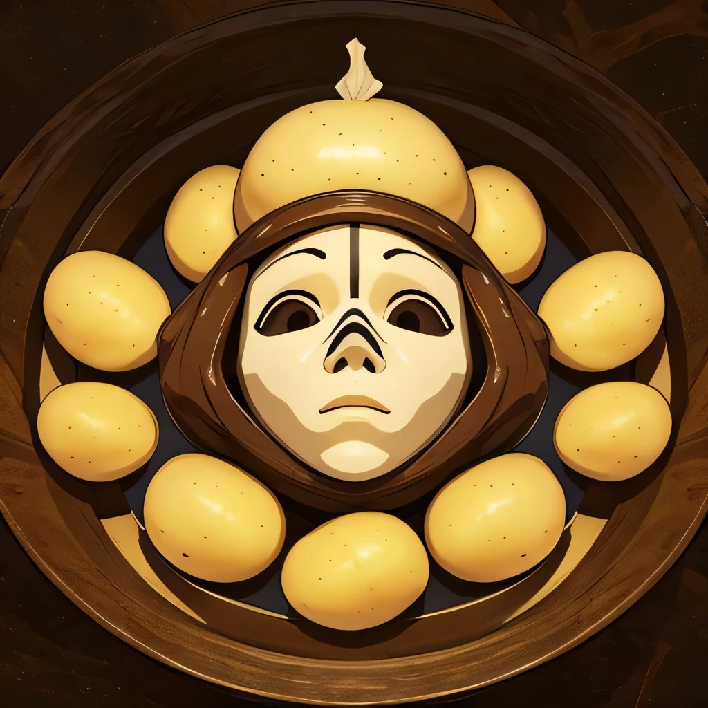 a figurehead made of many potatoes, mask, abstract, distorted reality, Illusion, yellow-brown tone, illustration
