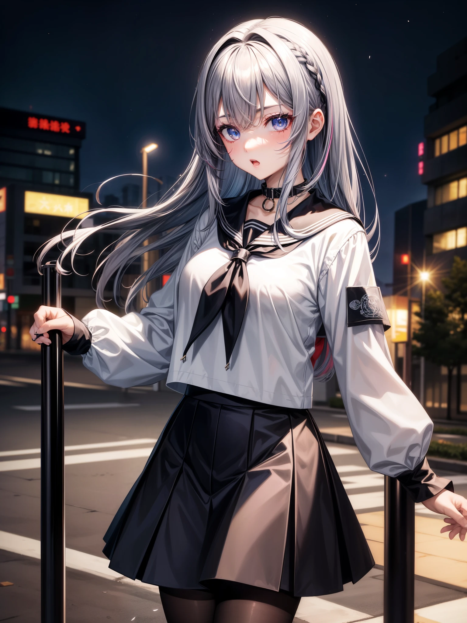 masterpiece、Best Quality、
1 Girl、
solo, cyber punk, 白pantyhose, Sister, Multicolored Hair, Outdoor, null, , wood, blue eyes, Gray Hair, Sailor collar, neckerchief, Unite, Striped Hair, skirt, eyebrows hidden by hair, nightnull, Look at the side, scar, 黒Sailor collar, Medium Hair, 黒skirt, pantyhose, 黒Serafuku, Hair between the eyes, Long Bangs, プリーツskirt, White of the eyes, Open your mouth, Serafuku, Black Hair, night, 顔のscar, pedestrian crossing