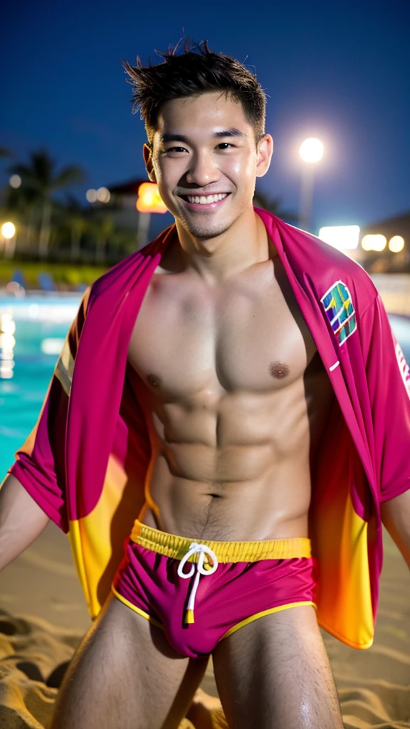 male Age 30 Lifesaver swimwear smiling hawaii at night