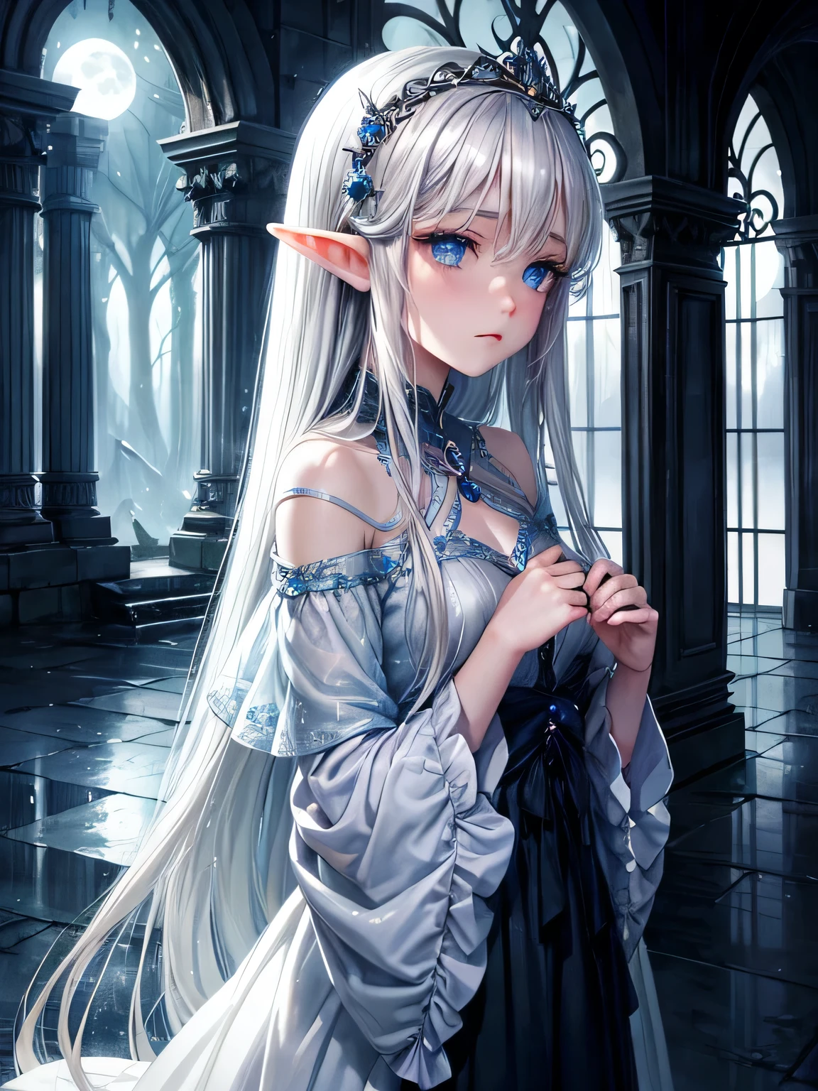 Elf princess, silver hair, blue eyes, sideways moon, heavy raindrops, aloof face, depressed gloomy atmosphere, illustrations, vivid colors, cool tones, soft lighting.